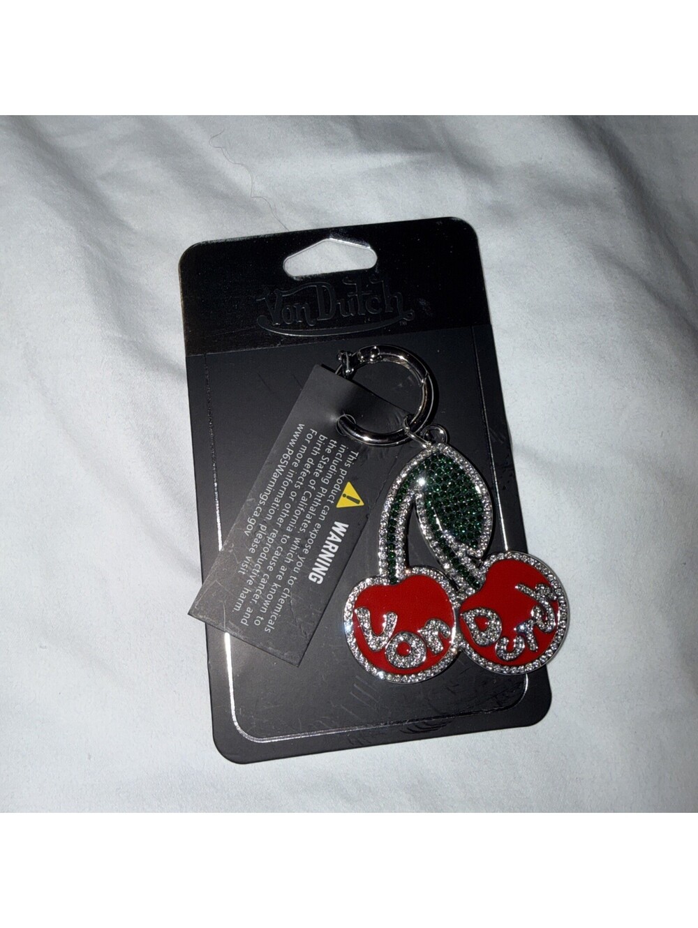 NEWEST STYLE Von Dutch Red Cherry Logo Bag Charm Key Chain Crystal Accents NWT
